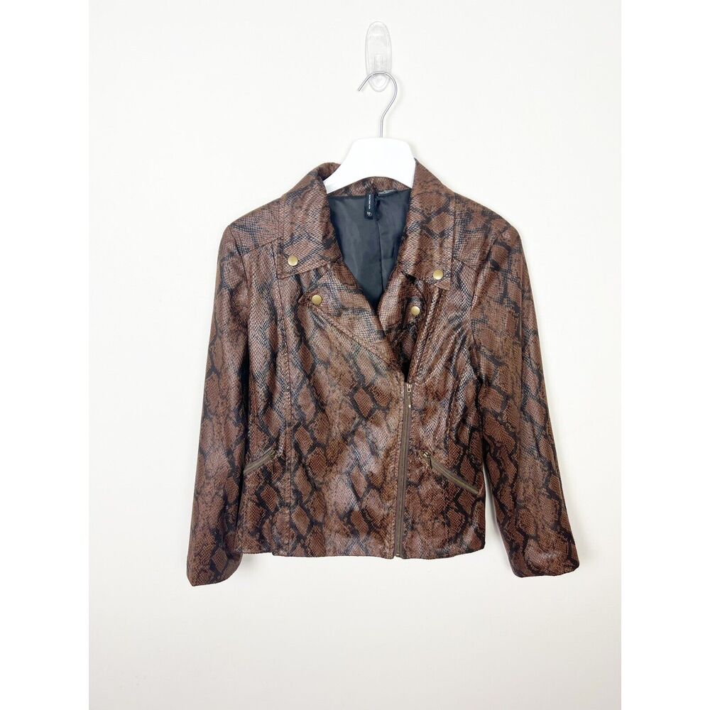 New Direction Women’s Brown Faux Snakeskin Moto Jacket Size M